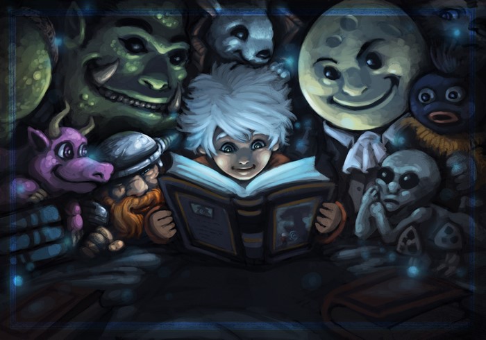 Boy reading a book surrounded by monsters