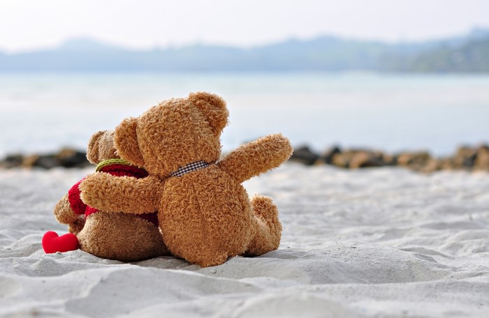 Two teddy bears hugging on a beach