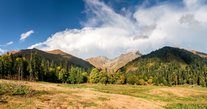Mountains and forests in Abkhazia under clouds