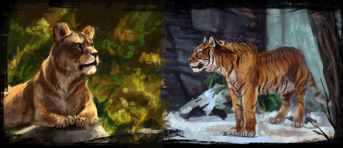 Lioness and Tiger in Different Environments