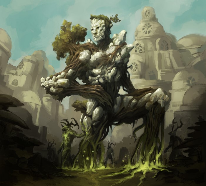 Giant tree and rock monster with smaller monsters in a city