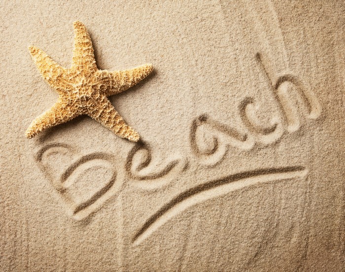 Starfish and the word "Beach" written in sand
