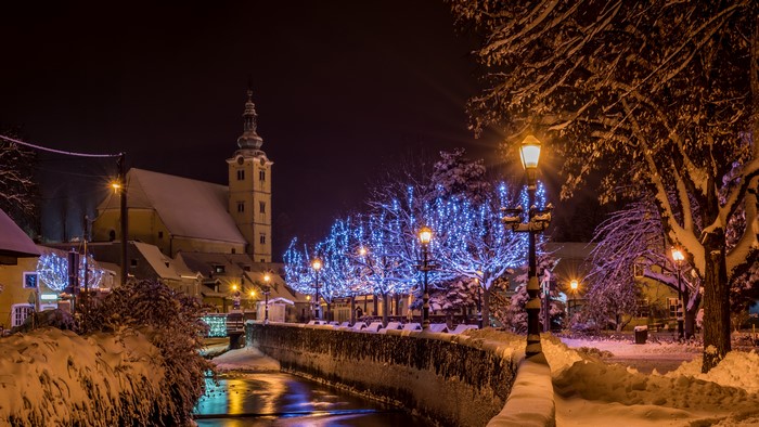 Samobor, Croatia at Night in Winter with Snow and Lights