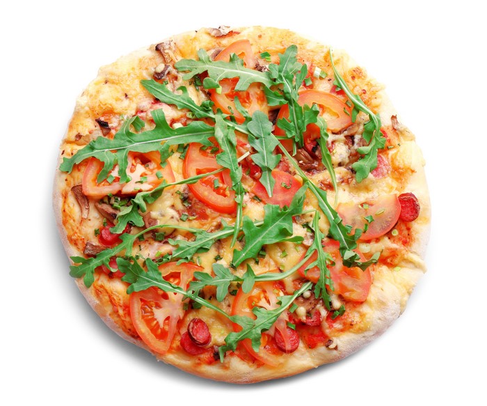 Pizza with tomatoes and arugula on white background