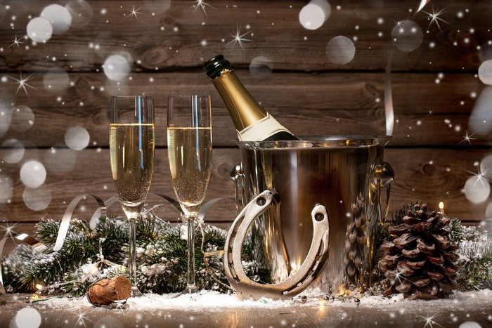 Champagne bottle and glasses with pine cone and snow