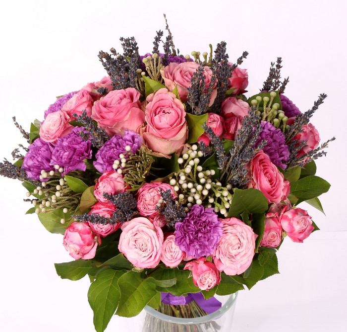 Pink Roses, Purple Carnations, and Lavender Bouquet