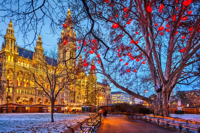 Vienna Christmas Market at Evening with City Hall