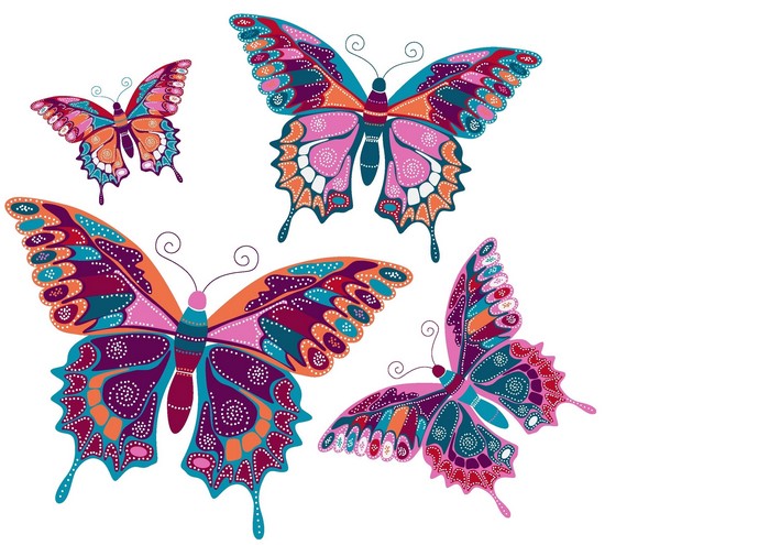 Four colorful decorative butterflies on a white background