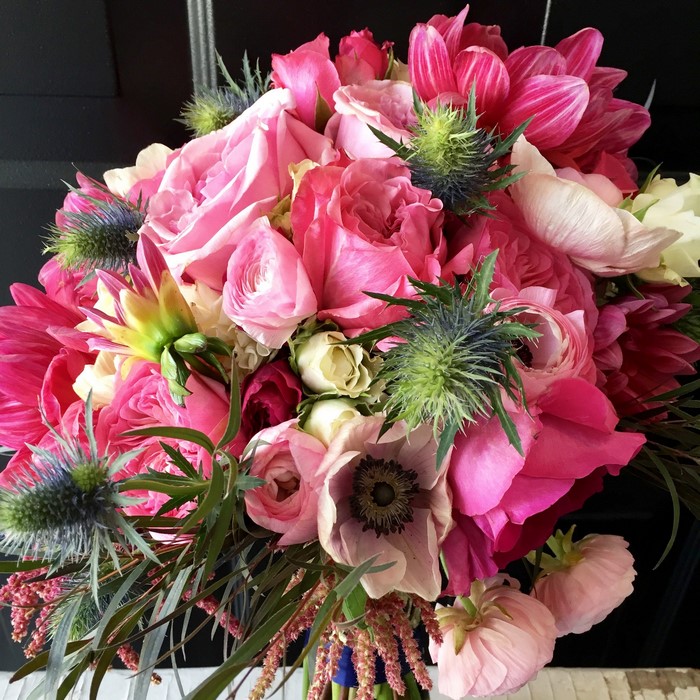 Pink Roses, Ranunculus, Anemones, and Thistles Bouquet