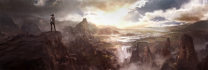 Lara Croft from Tomb Raider 2013 overlooking a valley