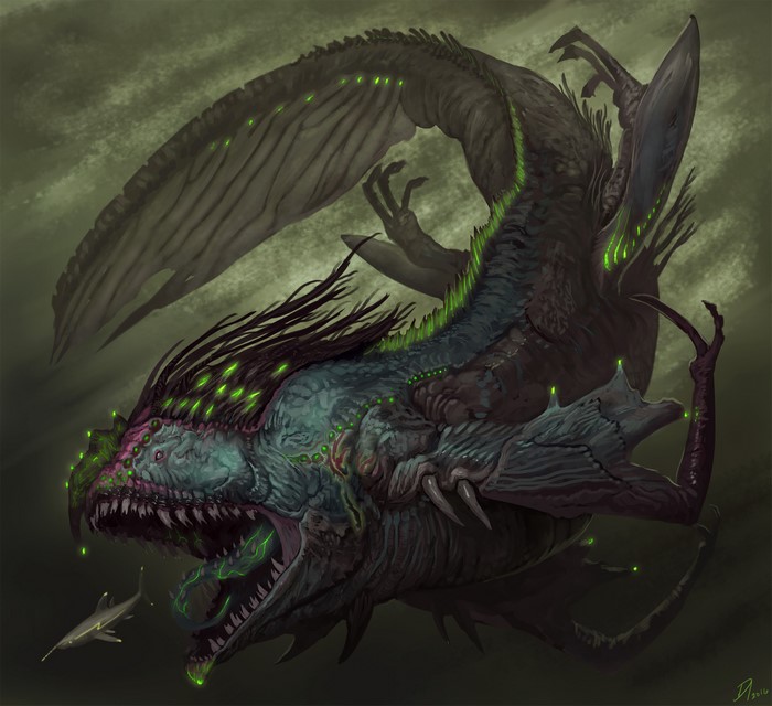 Monstrous sea creature with glowing green eyes and fins