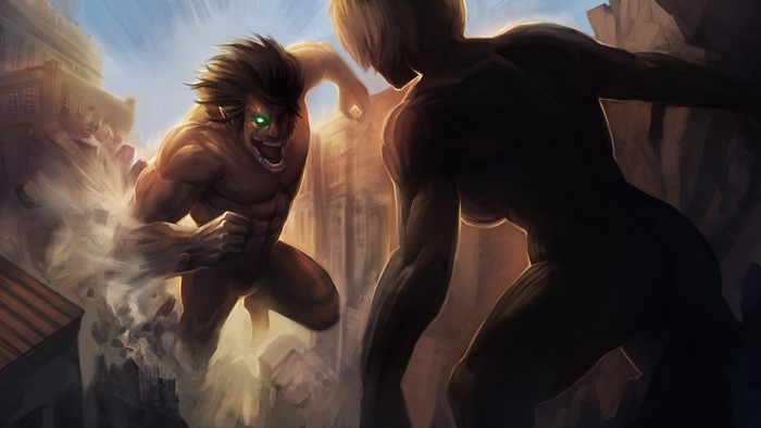 Two Titans fighting in a city