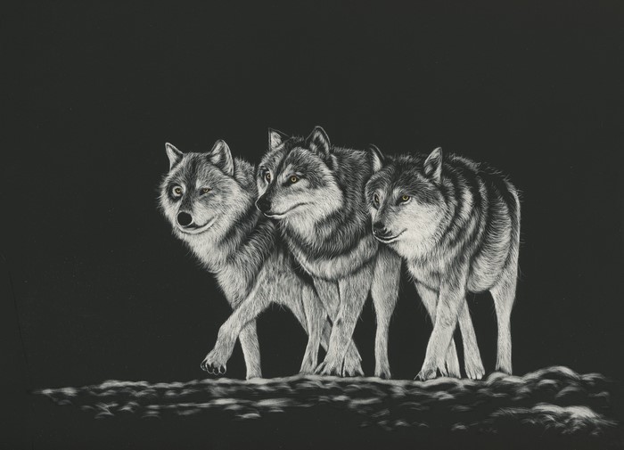 Three Wolves in Black and White Painting
