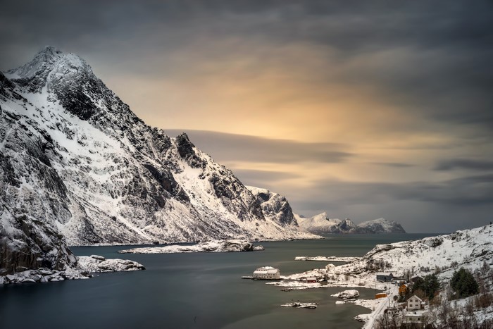Maervoll village, Lofoten, Norway, Mountains, Snow