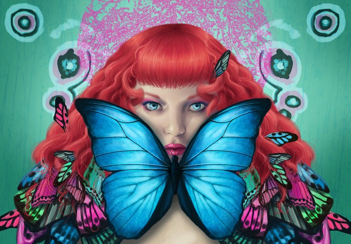 Painting Art of Redhead Girl with Butterflies