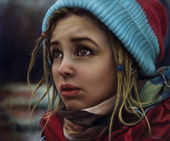 Painting Art of a Girl with Dreadlocks and Winter Hat