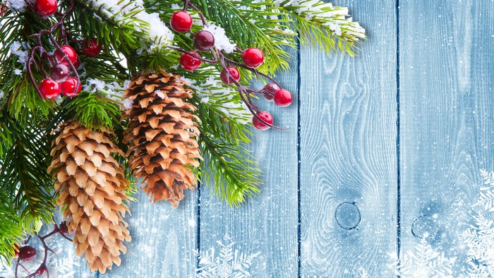 Christmas Pine Cones and Berries on Wood