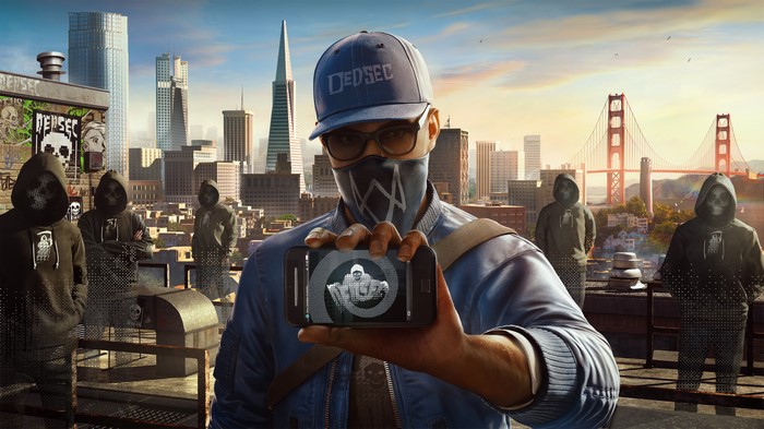 Watch Dogs 2 DedSec members with San Francisco skyline