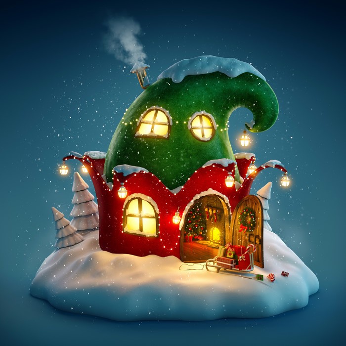 Christmas elf house with snow and lights