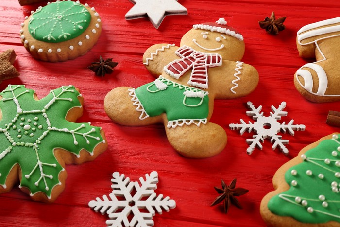 Christmas cookies with gingerbread man and snowflakes