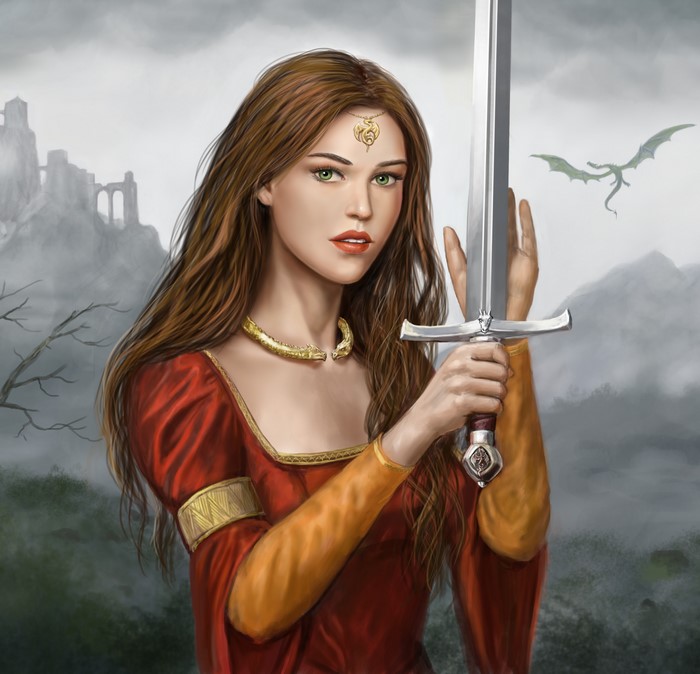 Woman with sword and dragon in background