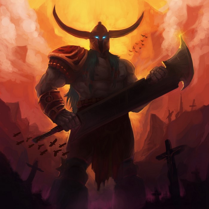 Giant warrior with horns and sword in a graveyard