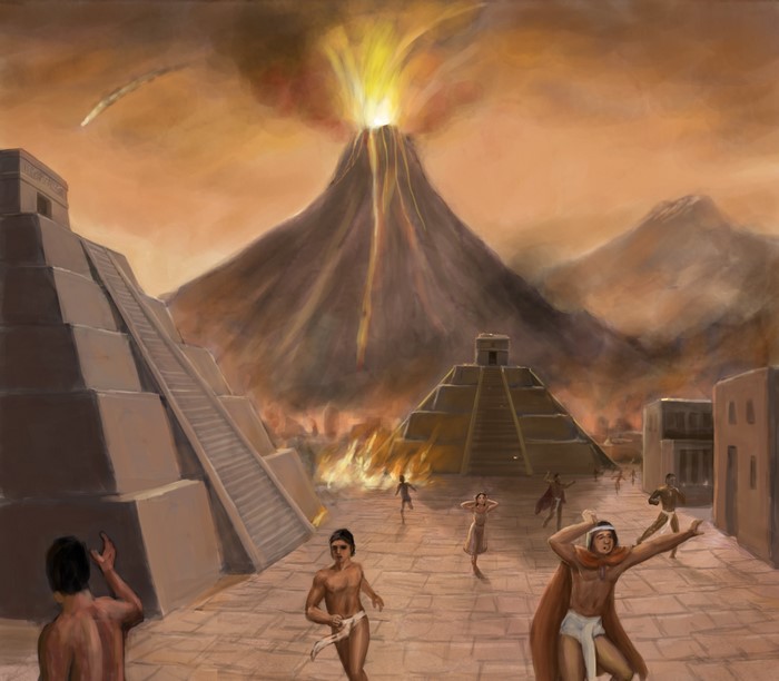 People fleeing a volcanic eruption near pyramids