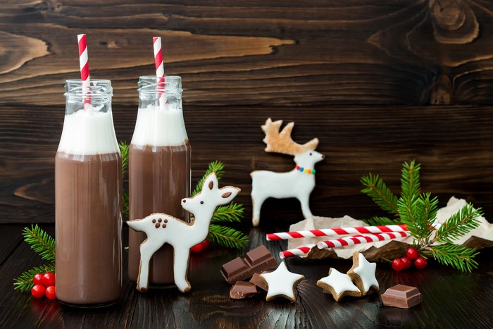Christmas hot chocolate with deer cookies and chocolate
