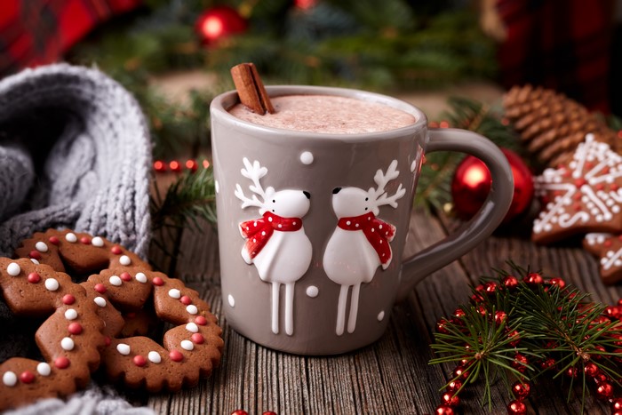 Christmas hot chocolate with deer mug and cookies