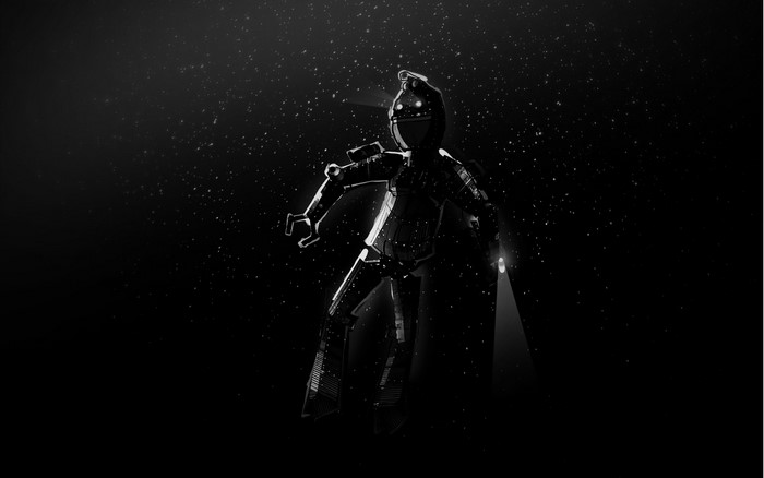Robot with flashlight in dark space