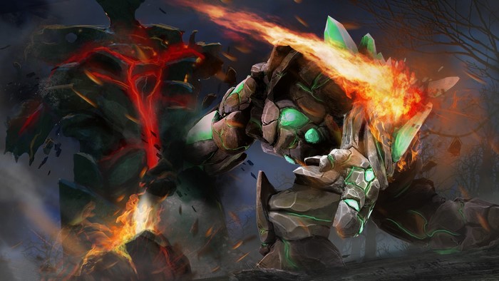 Tiny from DOTA 2 fighting a lava monster