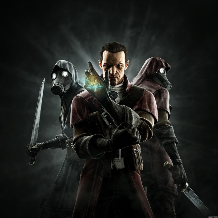 Three warriors with gas masks and swords from Dishonored