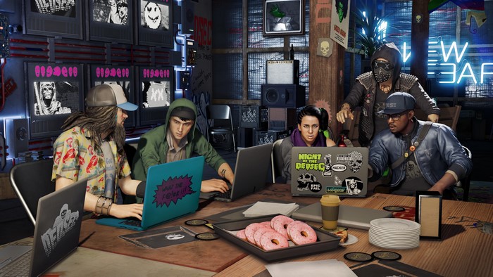 4K Watch Dogs 2 Hackers with Laptops and Donuts