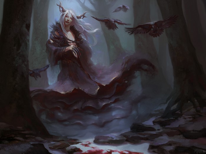 Gothic fantasy woman with horns and crows in a forest