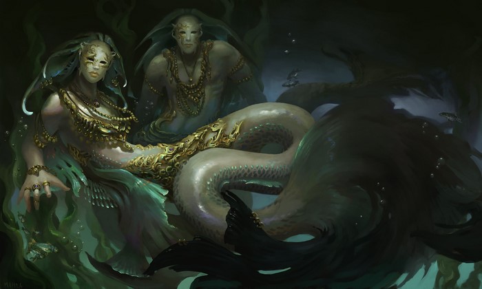 Two merfolk with masks and gold jewelry underwater