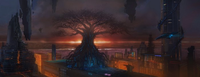 Fantastic world with a giant tree and floating islands
