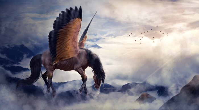 Pegasus flying through clouds over mountains