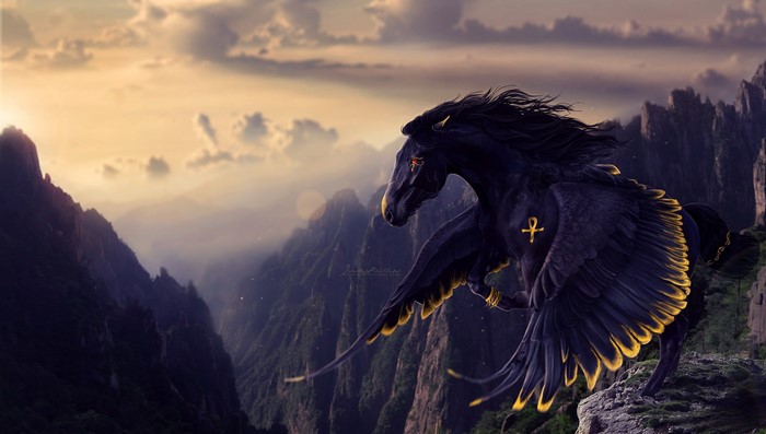 Black Pegasus with Ankh Symbol on Mountain Cliff