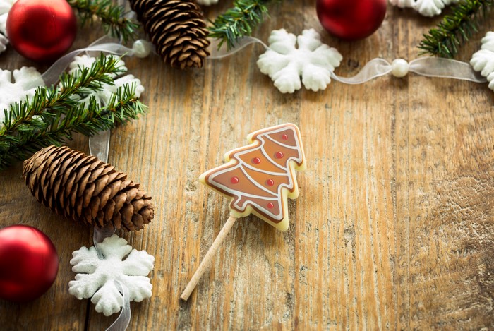 Christmas decorations on wood planks