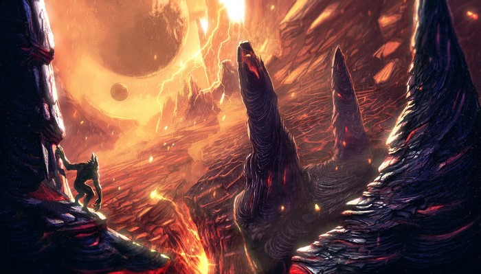 A creature in a volcanic canyon with planets in the sky