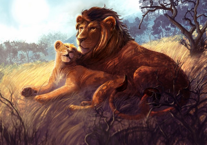 Painting of two lions in a grassy field