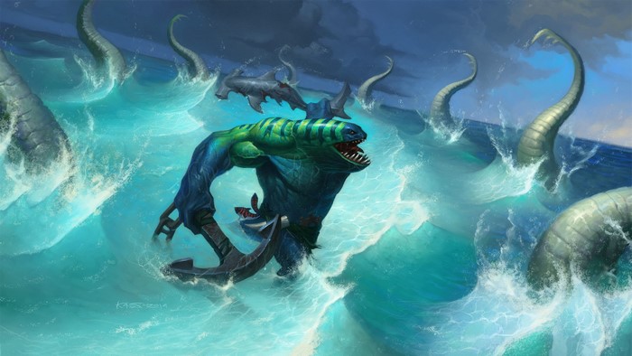 Tidehunter from DOTA 2 fighting sea monsters