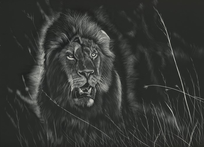 Lion with a mane in tall grass