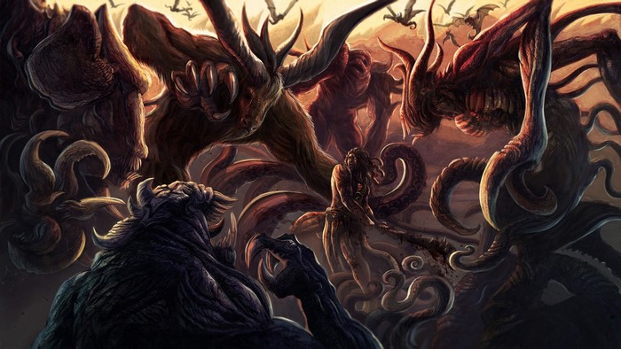 Monsters and a human fighting