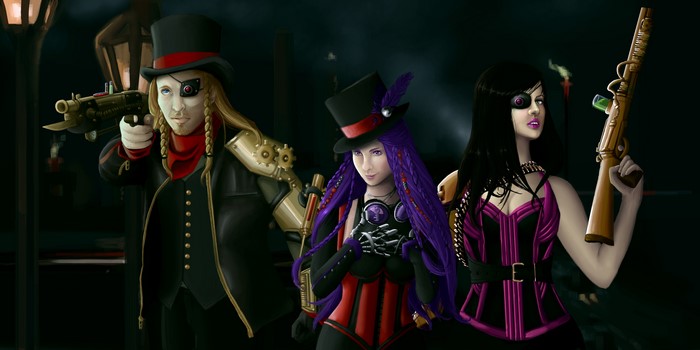 Three Steampunk characters with pistols and hats