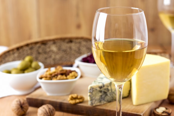 Wine and Cheese Platter with Bread and Olives