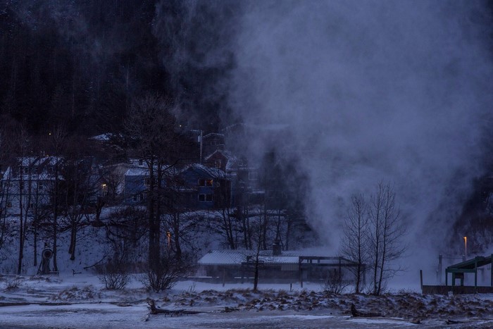 Winter scene in Juneau, Alaska with fog and snow