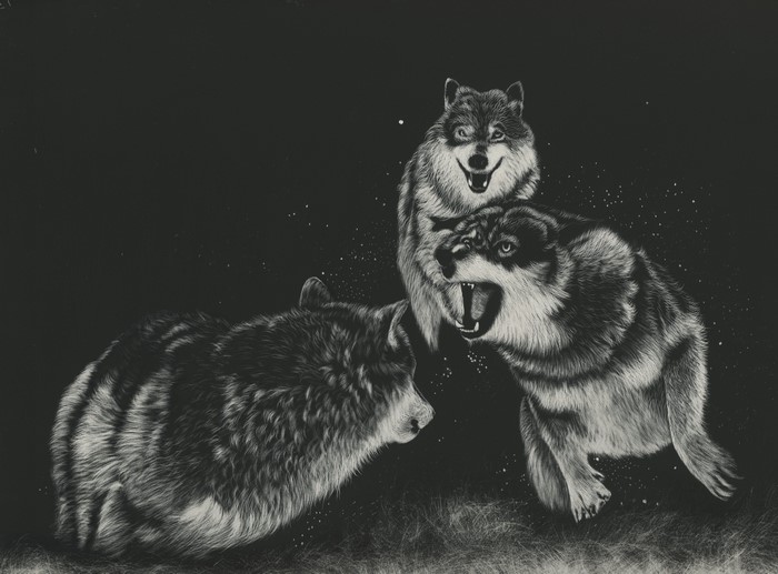 Three wolves roaring on a black background