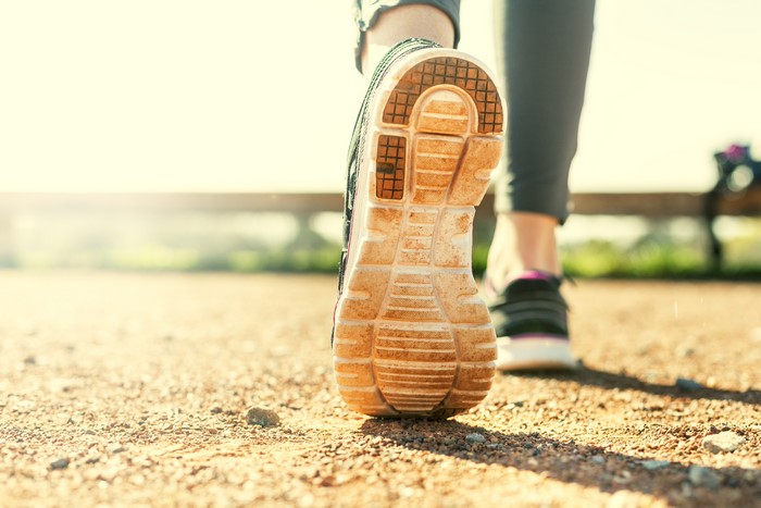 Close-up of athletic shoe sole while walking