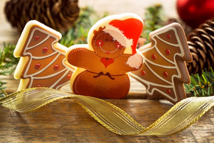 Christmas gingerbread cookies and trees with ribbon